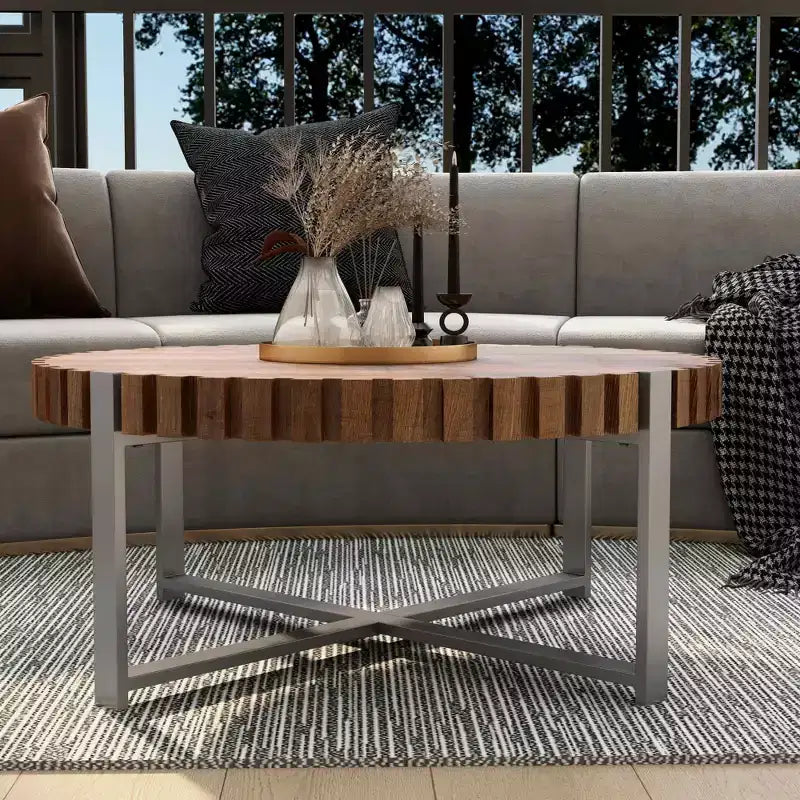 MAYEERTY Table basse moderne en bois naturel veiné, faite à la main, en forme de tambour, avec base robuste, pour salon, 80 cm