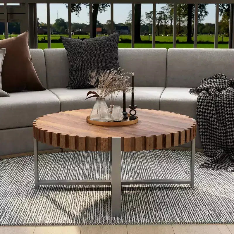 MAYEERTY Table basse moderne en bois naturel veiné, faite à la main, en forme de tambour, avec base robuste, pour salon, 80 cm