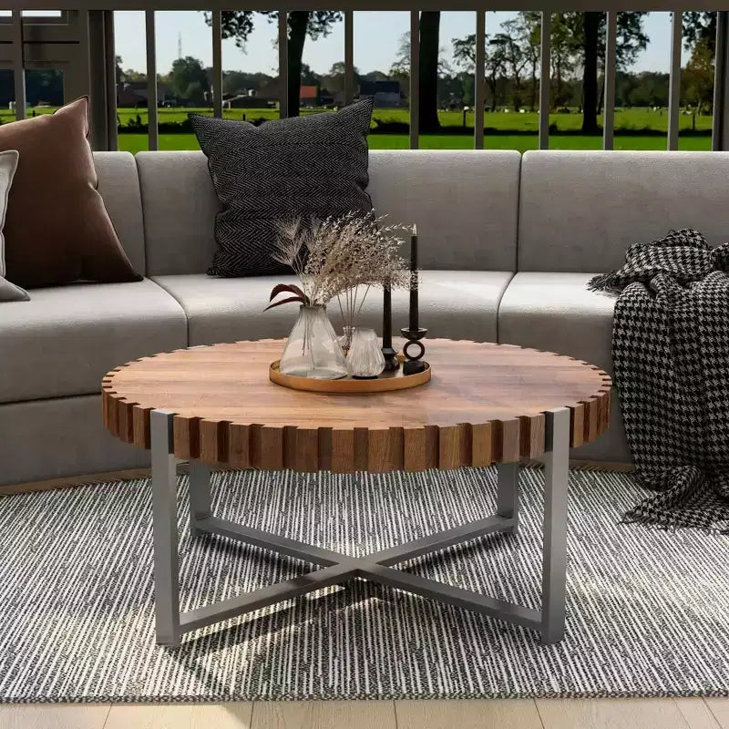 MAYEERTY Table basse moderne en bois naturel veiné, faite à la main, en forme de tambour, avec base robuste, pour salon, 80 cm