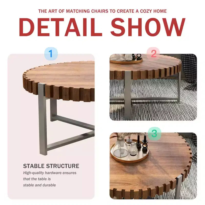 MAYEERTY Table basse moderne en bois naturel veiné, faite à la main, en forme de tambour, avec base robuste, pour salon, 80 cm