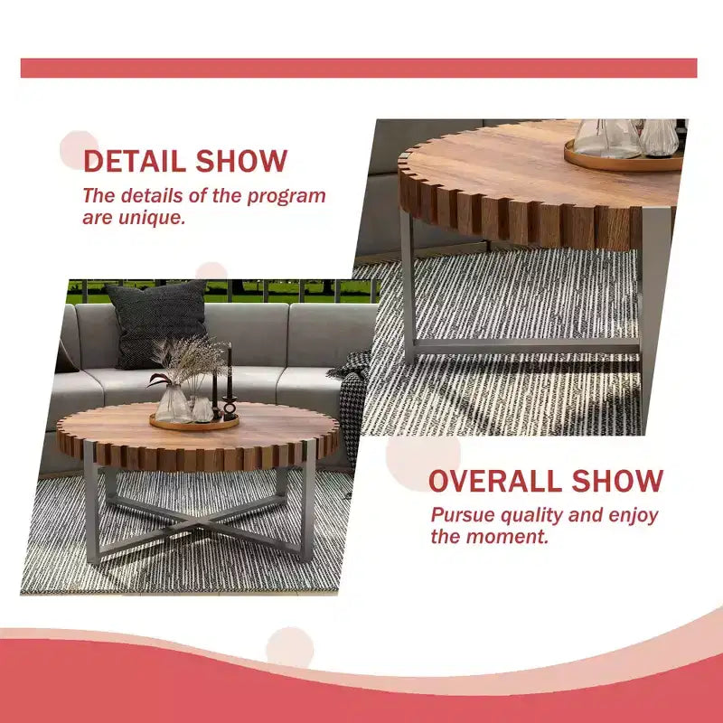 MAYEERTY Table basse moderne en bois naturel veiné, faite à la main, en forme de tambour, avec base robuste, pour salon, 80 cm