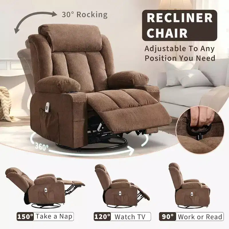 Fauteuil inclinable pivotant sur 360° surdimensionné avec fonctions chauffante et massante. Fauteuil à bascule large pour personnes de grande taille et fortes, 3 positions, porte-gobelets, port USB et pochette. Le fauteuil de relaxation par excellence.
