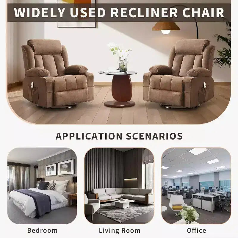 Fauteuil inclinable pivotant sur 360° surdimensionné avec fonctions chauffante et massante. Fauteuil à bascule large pour personnes de grande taille et fortes, 3 positions, porte-gobelets, port USB et pochette. Le fauteuil de relaxation par excellence.