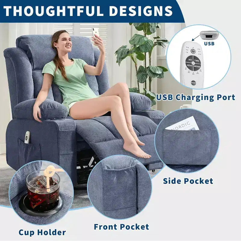 Fauteuil inclinable pivotant sur 360° surdimensionné avec fonctions chauffante et massante. Fauteuil à bascule large pour personnes de grande taille et fortes, 3 positions, porte-gobelets, port USB et pochette. Le fauteuil de relaxation par excellence.