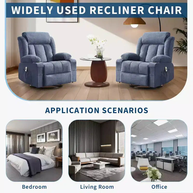 Fauteuil inclinable pivotant sur 360° surdimensionné avec fonctions chauffante et massante. Fauteuil à bascule large pour personnes de grande taille et fortes, 3 positions, porte-gobelets, port USB et pochette. Le fauteuil de relaxation par excellence.