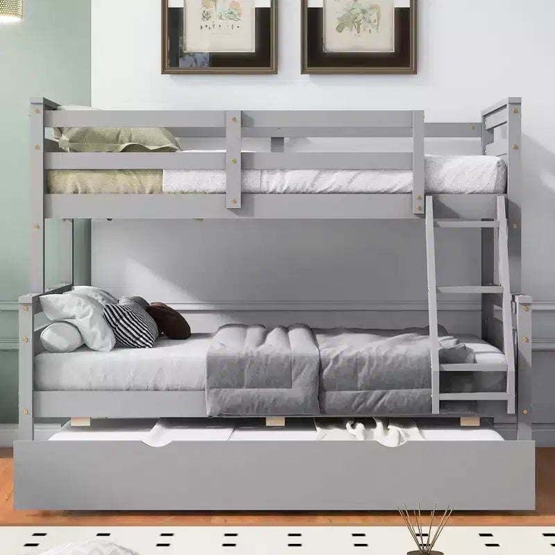 TUYOHW Lit superposé double sur toute la longueur avec échelle et garde-corps, cadre de lit superposé en bois de pin avec lit gigogne double pour enfants, adolescents et adultes.