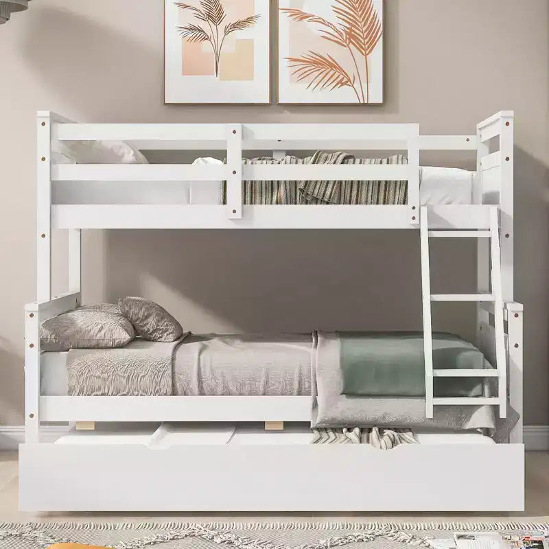 TUYOHW Lit superposé double sur toute la longueur avec échelle et garde-corps, cadre de lit superposé en bois de pin avec lit gigogne double pour enfants, adolescents et adultes.