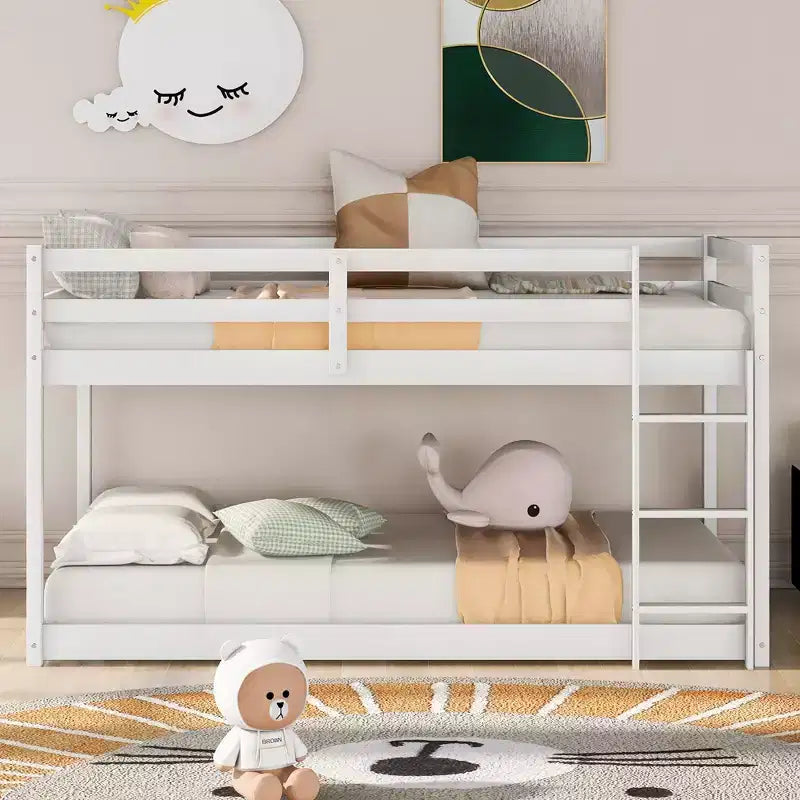 TUYOHW Lit superposé jumeau sur jumeau au sol avec échelle, cadre de lit superposé en pin avec garde-corps de sécurité pour chambres d'enfants et d'adolescents