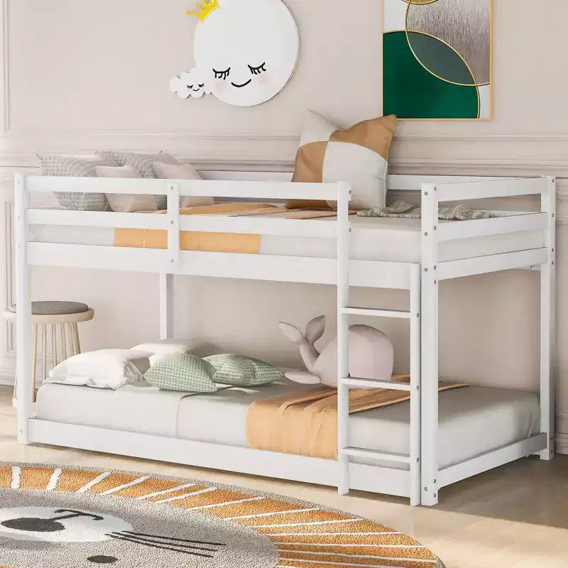 TUYOHW Lit superposé jumeau sur jumeau au sol avec échelle, cadre de lit superposé en pin avec garde-corps de sécurité pour chambres d'enfants et d'adolescents