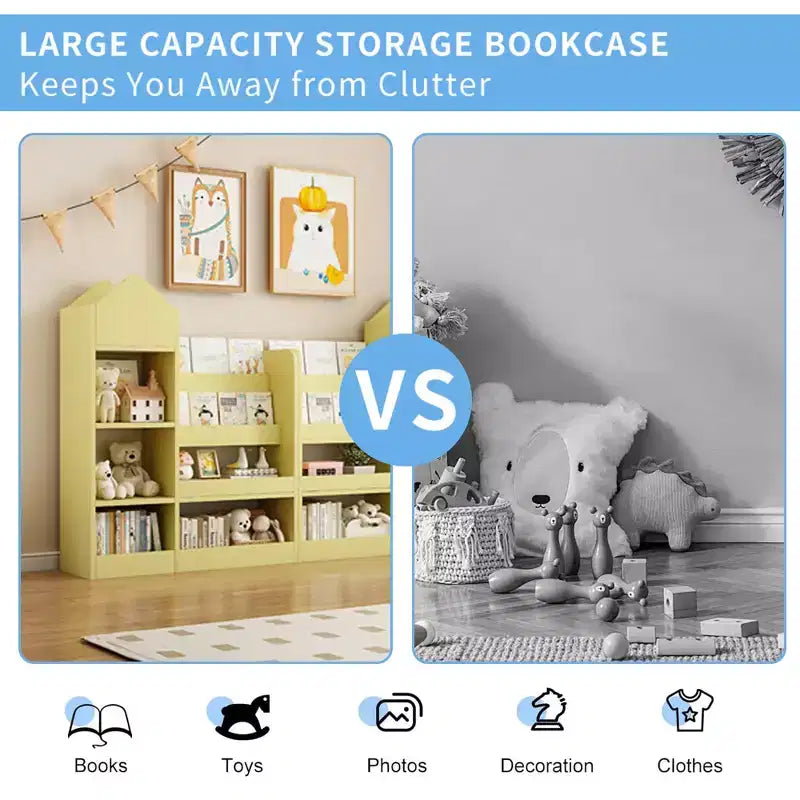 Étagère à Livres en Bois pour Enfants, Organisateur de Rangement de Jouets avec Bibliothèque, Grande Unité de Rangement pour Enfants avec 6 Compartiments, 2 Paniers Bacs Organisateur de Jouets pour Livres
