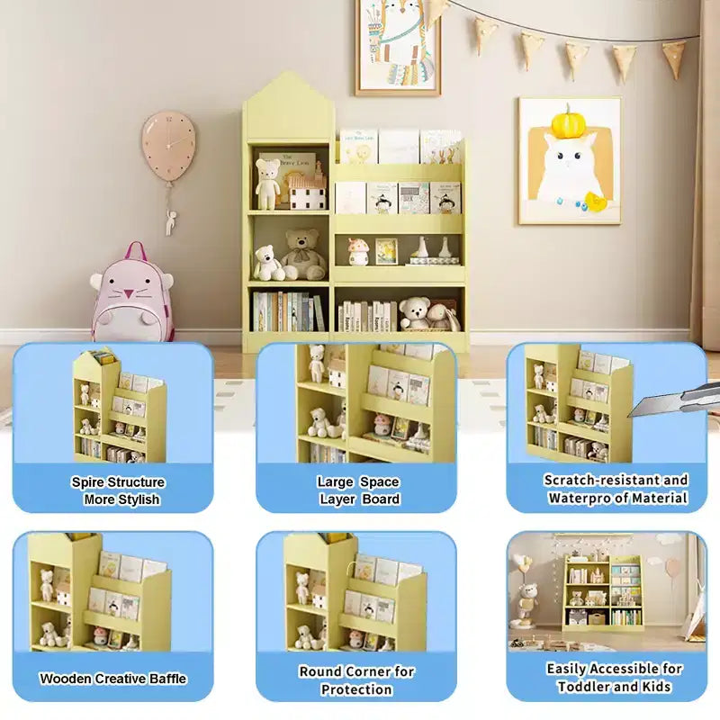 Étagère à Livres en Bois pour Enfants, Organisateur de Rangement de Jouets avec Bibliothèque, Grande Unité de Rangement pour Enfants avec 6 Compartiments, 2 Paniers Bacs Organisateur de Jouets pour Livres