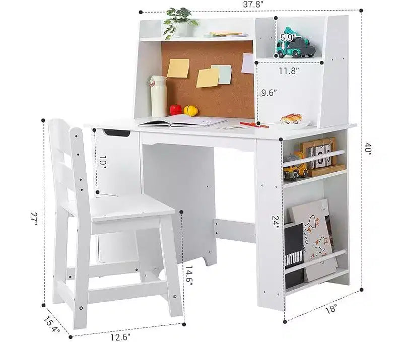 Ensemble bureau et chaise pour enfants, bureau en bois pour enfants avec étagère, étagères, placards de rangement et tableau en liège, bureau d'écriture pour garçons et filles