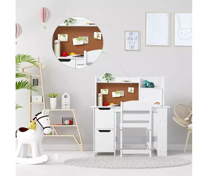 Ensemble bureau et chaise pour enfants, bureau en bois pour enfants avec étagère, étagères, placards de rangement et tableau en liège, bureau d'écriture pour garçons et filles