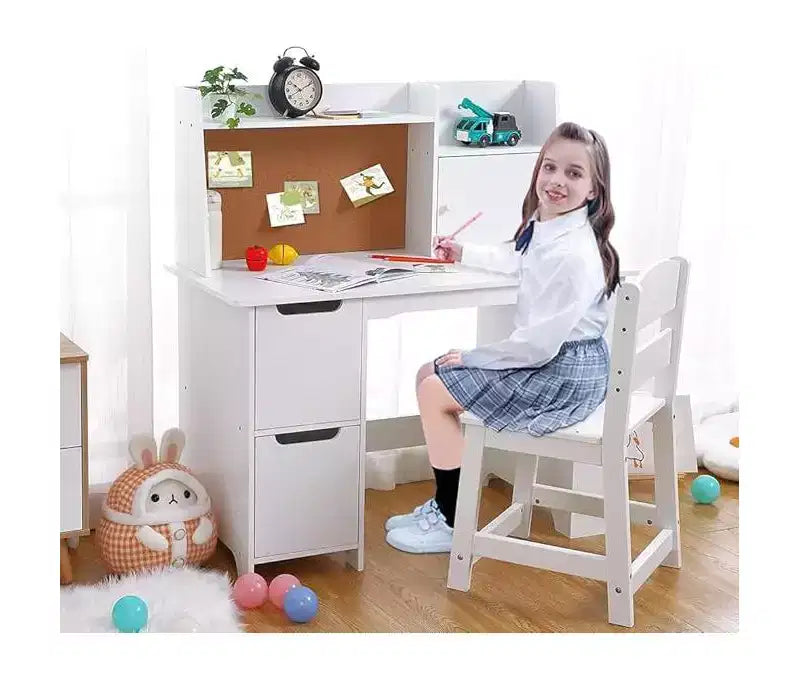 Ensemble bureau et chaise pour enfants, bureau en bois pour enfants avec étagère, étagères, placards de rangement et tableau en liège, bureau d'écriture pour garçons et filles