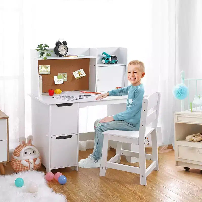 Ensemble bureau et chaise pour enfants, bureau en bois pour enfants avec étagère, étagères, placards de rangement et tableau en liège, bureau d'écriture pour garçons et filles