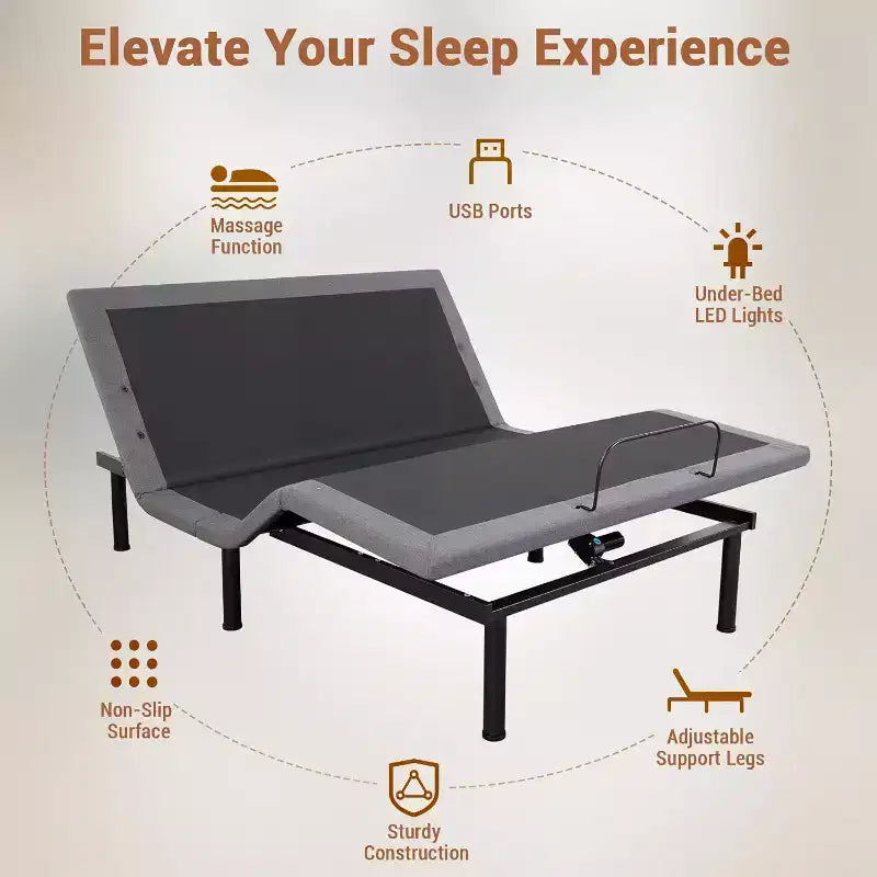 Cadre de lit réglable, inclinaison tête et pieds, cadre de lit ergonomique avec 2 ports USB et veilleuse LED, massage et télécommande sans fil, moteur silencieux, noir