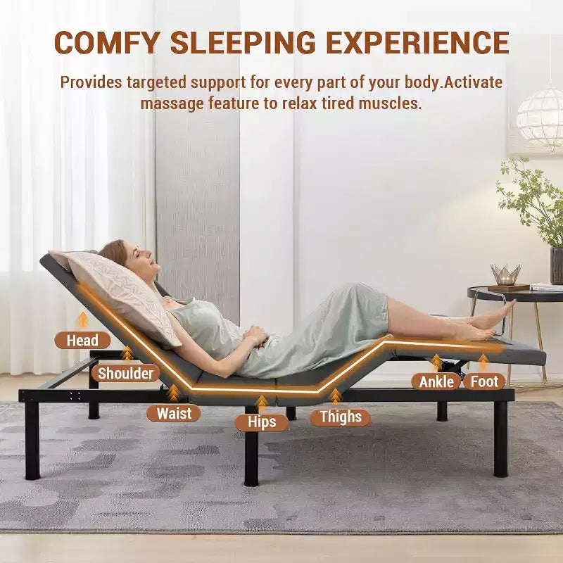 Cadre de lit réglable, inclinaison tête et pieds, cadre de lit ergonomique avec 2 ports USB et veilleuse LED, massage et télécommande sans fil, moteur silencieux, noir