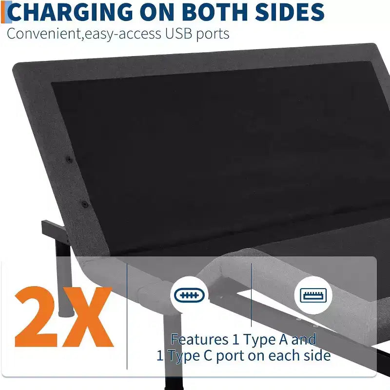 Cadre de lit réglable, inclinaison tête et pieds, cadre de lit ergonomique avec 2 ports USB et veilleuse LED, massage et télécommande sans fil, moteur silencieux, noir