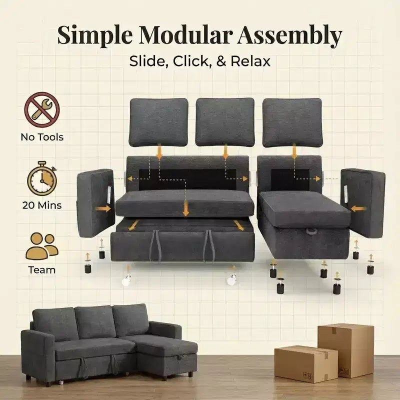 Canapé-lit convertible Dyonery 81 en chenille avec méridienne de rangement réversible, canapé d'angle en L avec couchage d'appoint pour chambre d'amis