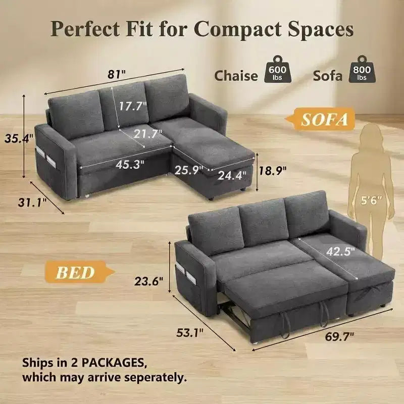 Canapé-lit convertible Dyonery 81 en chenille avec méridienne de rangement réversible, canapé d'angle en L avec couchage d'appoint pour chambre d'amis