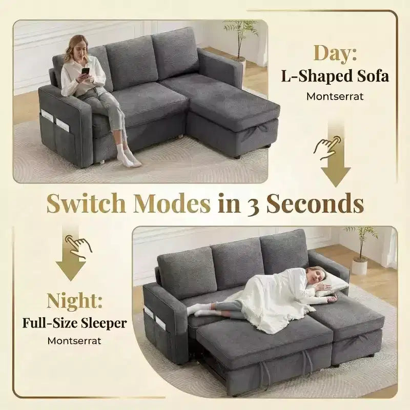 Canapé-lit convertible Dyonery 81 en chenille avec méridienne de rangement réversible, canapé d'angle en L avec couchage d'appoint pour chambre d'amis