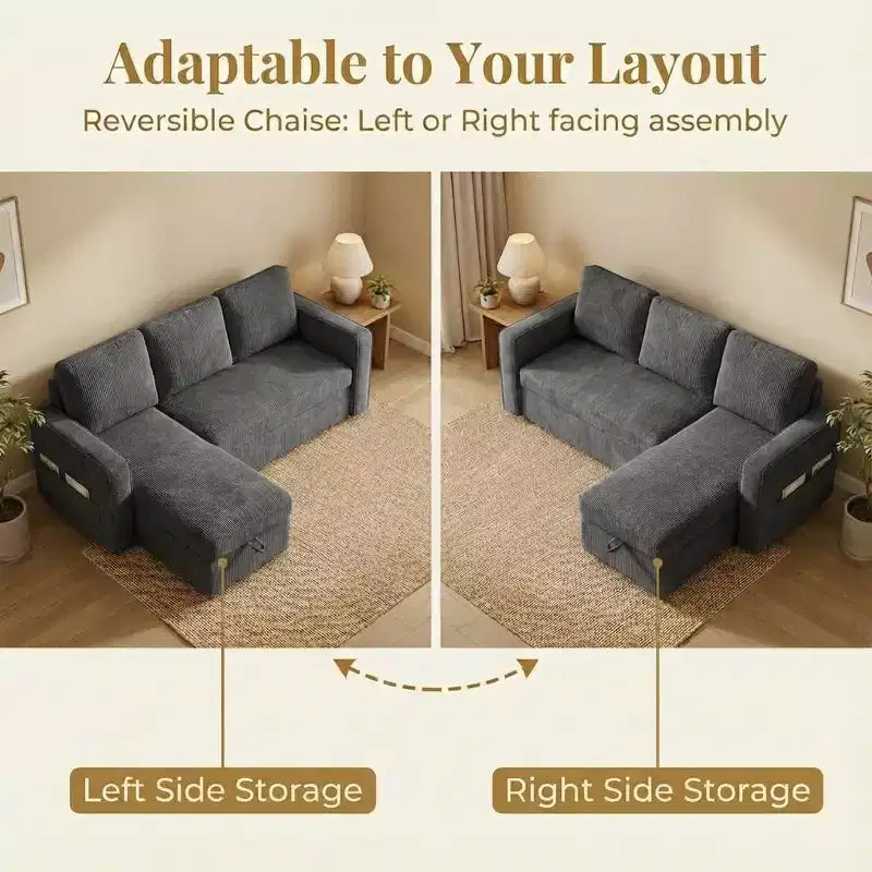 Canapé-lit convertible Dyonery 81 en chenille avec méridienne de rangement réversible, canapé d'angle en L avec couchage d'appoint pour chambre d'amis