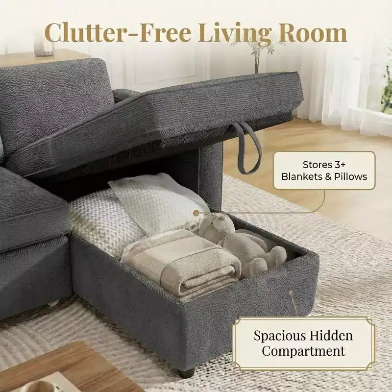 Canapé-lit convertible Dyonery 81 en chenille avec méridienne de rangement réversible, canapé d'angle en L avec couchage d'appoint pour chambre d'amis