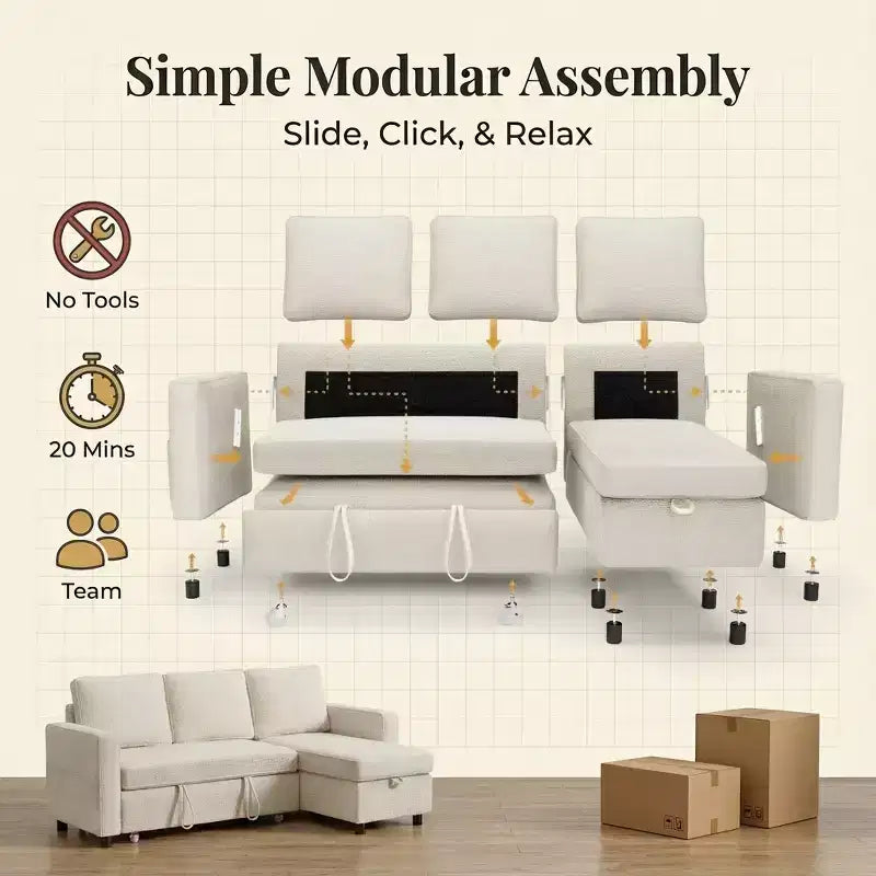 Canapé-lit convertible Dyonery 81 en chenille avec méridienne de rangement réversible, canapé d'angle en L avec couchage d'appoint pour chambre d'amis