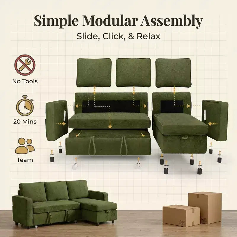 Canapé-lit convertible Dyonery 81 en chenille avec méridienne de rangement réversible, canapé d'angle en L avec couchage d'appoint pour chambre d'amis