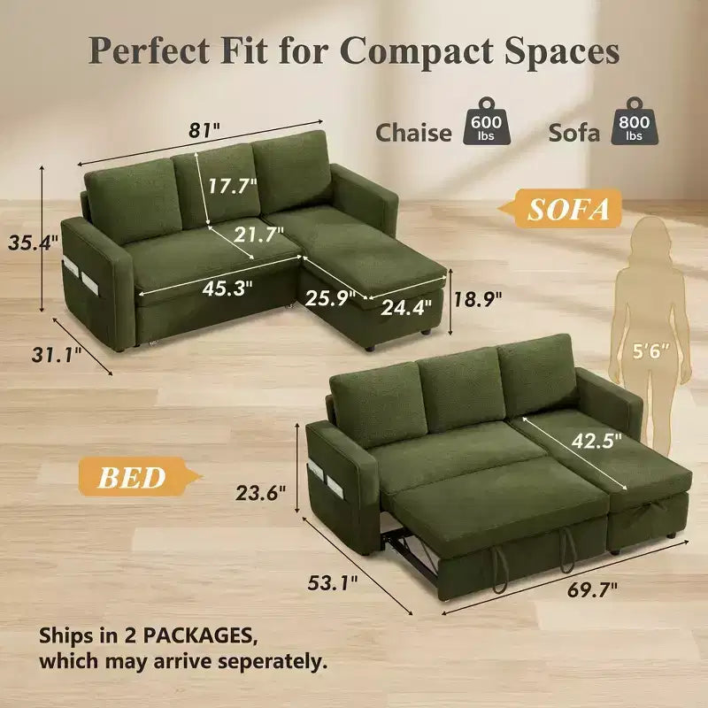 Canapé-lit convertible Dyonery 81 en chenille avec méridienne de rangement réversible, canapé d'angle en L avec couchage d'appoint pour chambre d'amis