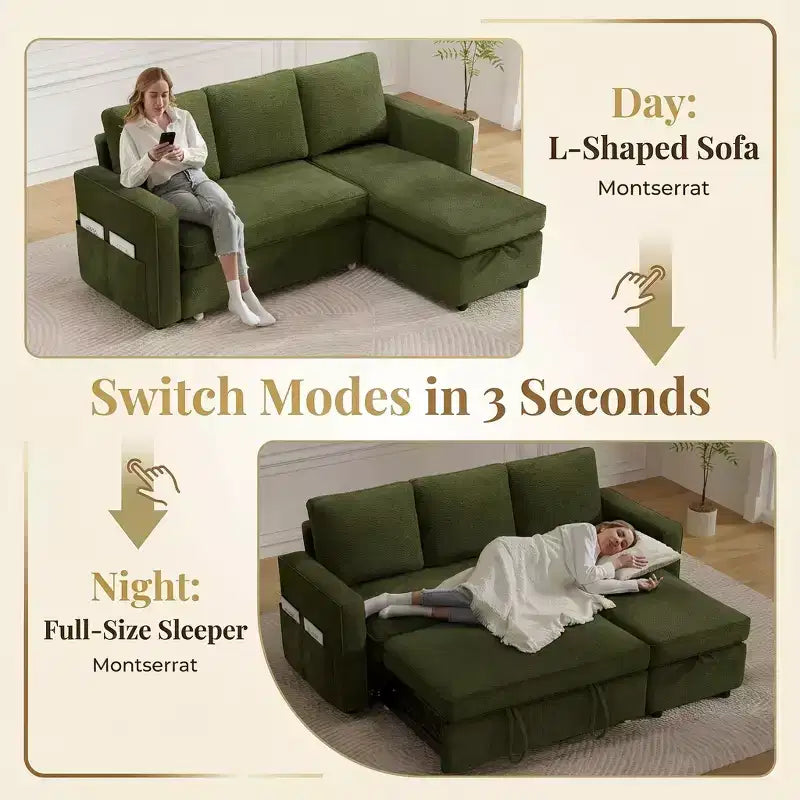 Canapé-lit convertible Dyonery 81 en chenille avec méridienne de rangement réversible, canapé d'angle en L avec couchage d'appoint pour chambre d'amis