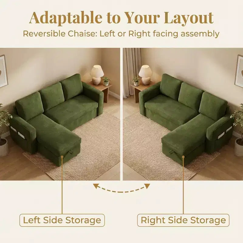 Canapé-lit convertible Dyonery 81 en chenille avec méridienne de rangement réversible, canapé d'angle en L avec couchage d'appoint pour chambre d'amis