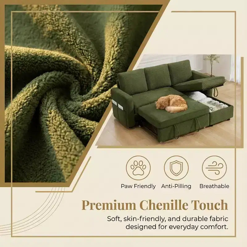 Canapé-lit convertible Dyonery 81 en chenille avec méridienne de rangement réversible, canapé d'angle en L avec couchage d'appoint pour chambre d'amis