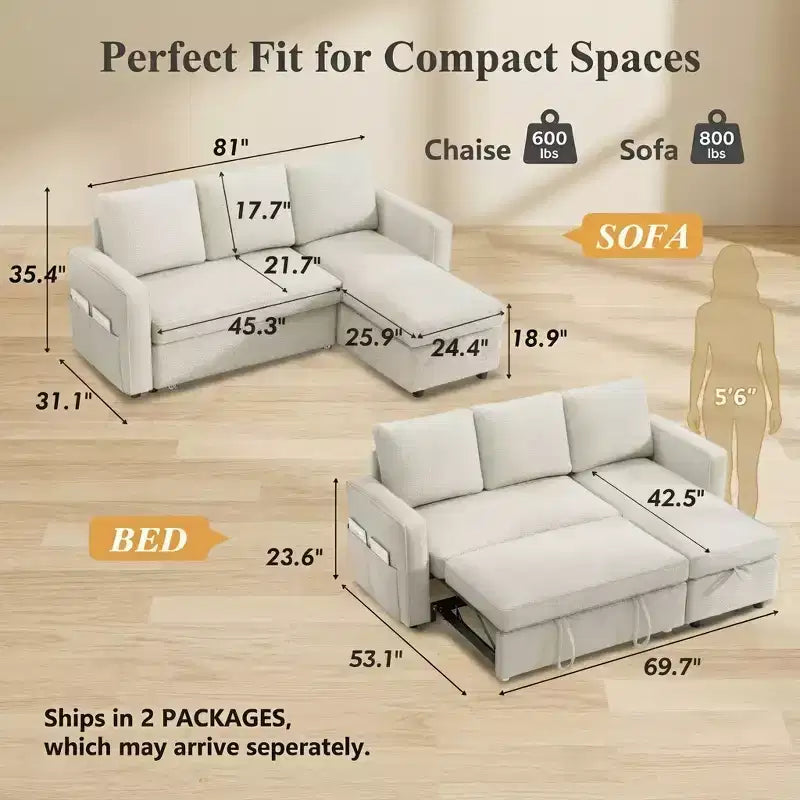 Canapé-lit convertible Dyonery 81 en chenille avec méridienne de rangement réversible, canapé d'angle en L avec couchage d'appoint pour chambre d'amis