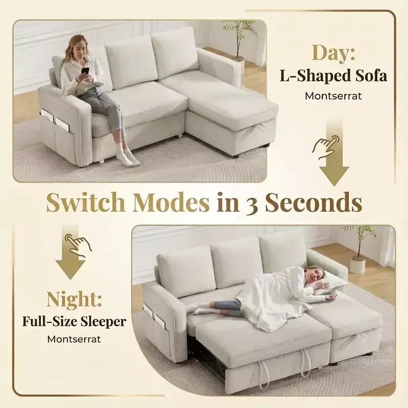 Canapé-lit convertible Dyonery 81 en chenille avec méridienne de rangement réversible, canapé d'angle en L avec couchage d'appoint pour chambre d'amis