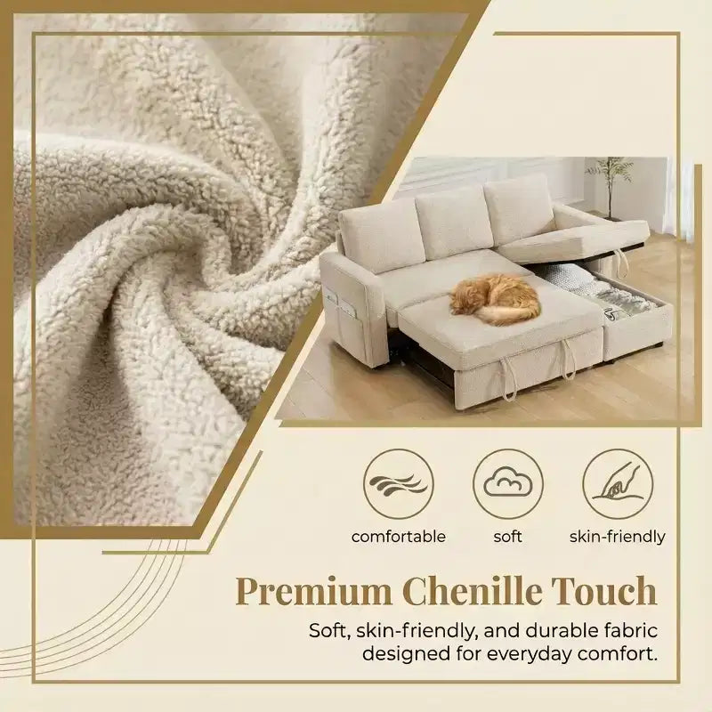 Canapé-lit convertible Dyonery 81 en chenille avec méridienne de rangement réversible, canapé d'angle en L avec couchage d'appoint pour chambre d'amis