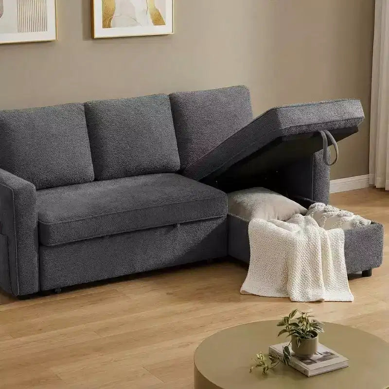 Canapé-lit convertible Dyonery 81 en chenille avec méridienne de rangement réversible, canapé d'angle en L avec couchage d'appoint pour chambre d'amis