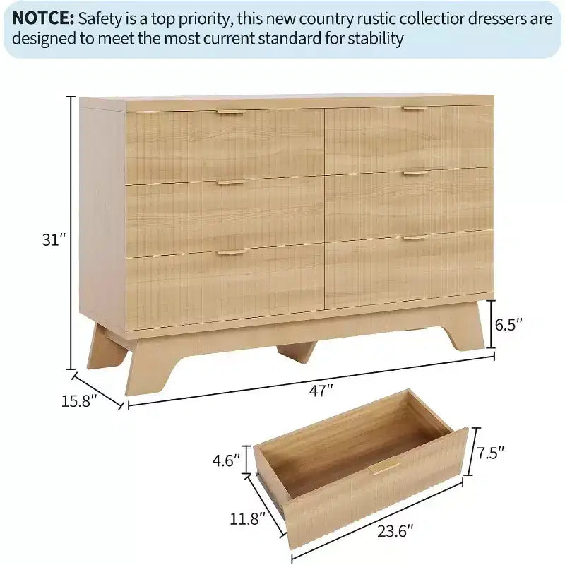 Acekool Commode 6 Tiroirs Cannelés Chêne Naturel Meuble de Rangement Courbé pour Chambre Salon Entrée