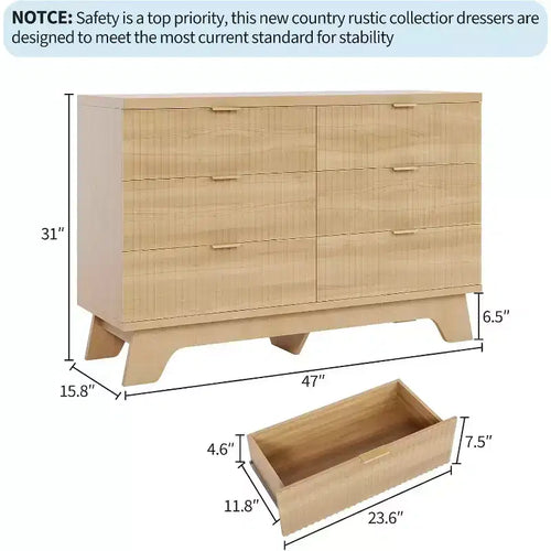 Acekool Commode 6 Tiroirs Cannelés Chêne Naturel Meuble de Rangement Courbé pour Chambre Salon Entrée