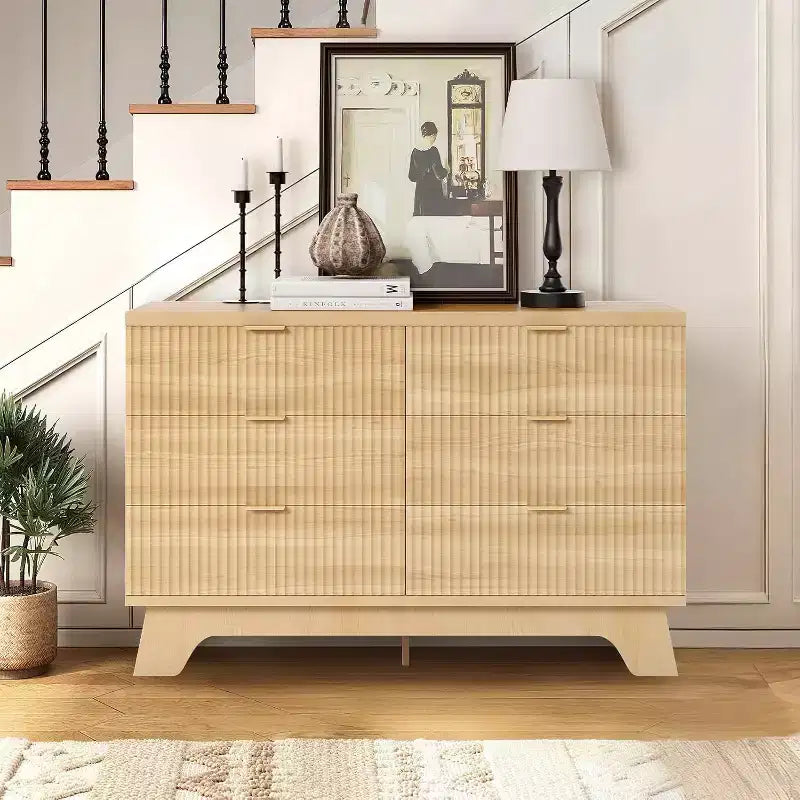 Acekool Commode 6 Tiroirs Cannelés Chêne Naturel Meuble de Rangement Courbé pour Chambre Salon Entrée