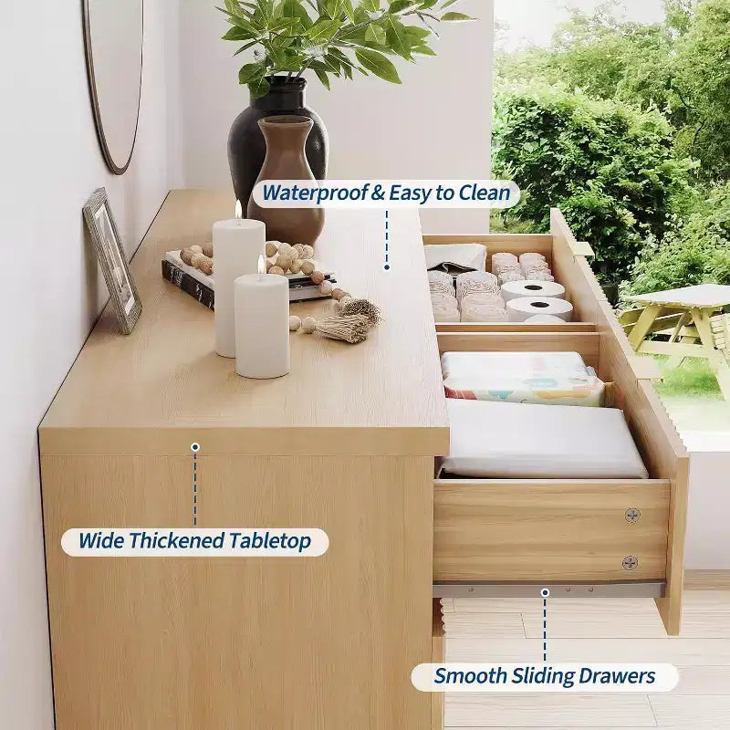 Acekool Commode 6 Tiroirs Cannelés Chêne Naturel Meuble de Rangement Courbé pour Chambre Salon Entrée