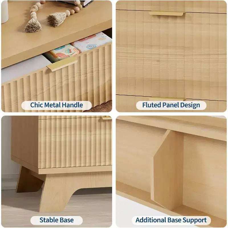 Acekool Commode 6 Tiroirs Cannelés Chêne Naturel Meuble de Rangement Courbé pour Chambre Salon Entrée