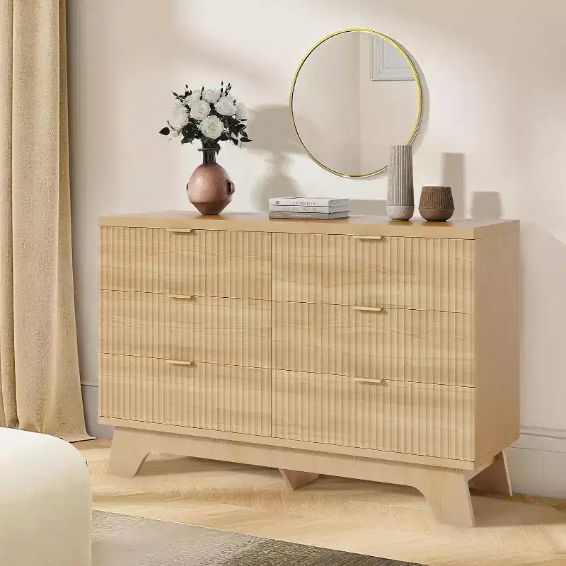 Acekool Commode 6 Tiroirs Cannelés Chêne Naturel Meuble de Rangement Courbé pour Chambre Salon Entrée