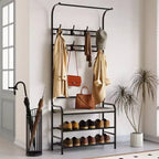 Porte-manteau d'entrée 4-en-1 autoportant avec banc de rangement pour chaussures, étagère à 3 niveaux, tringle de suspension et 8 crochets réglables pour entrée et chambre