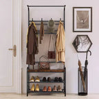 Porte-manteau d'entrée 4-en-1 autoportant avec banc de rangement pour chaussures, étagère à 3 niveaux, tringle de suspension et 8 crochets réglables pour entrée et chambre