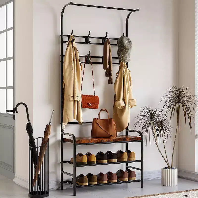 Porte-manteau d'entrée 4-en-1 autoportant avec banc de rangement pour chaussures, étagère à 3 niveaux, tringle de suspension et 8 crochets réglables pour entrée et chambre