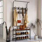 Porte-manteau d'entrée 4-en-1 autoportant avec banc de rangement pour chaussures, étagère à 3 niveaux, tringle de suspension et 8 crochets réglables pour entrée et chambre