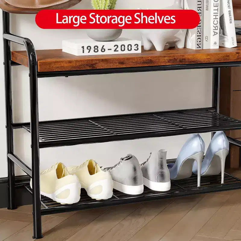 Porte-manteau d'entrée 4-en-1 autoportant avec banc de rangement pour chaussures, étagère à 3 niveaux, tringle de suspension et 8 crochets réglables pour entrée et chambre