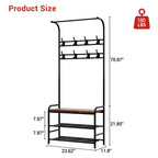 Porte-manteau d'entrée 4-en-1 autoportant avec banc de rangement pour chaussures, étagère à 3 niveaux, tringle de suspension et 8 crochets réglables pour entrée et chambre