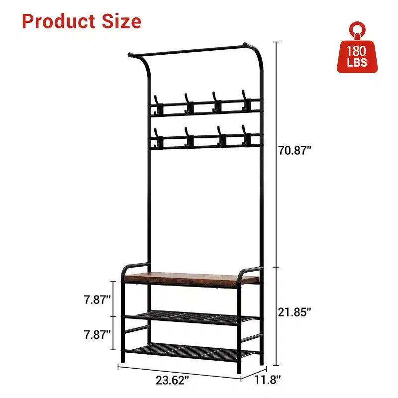 Porte-manteau d'entrée 4-en-1 autoportant avec banc de rangement pour chaussures, étagère à 3 niveaux, tringle de suspension et 8 crochets réglables pour entrée et chambre